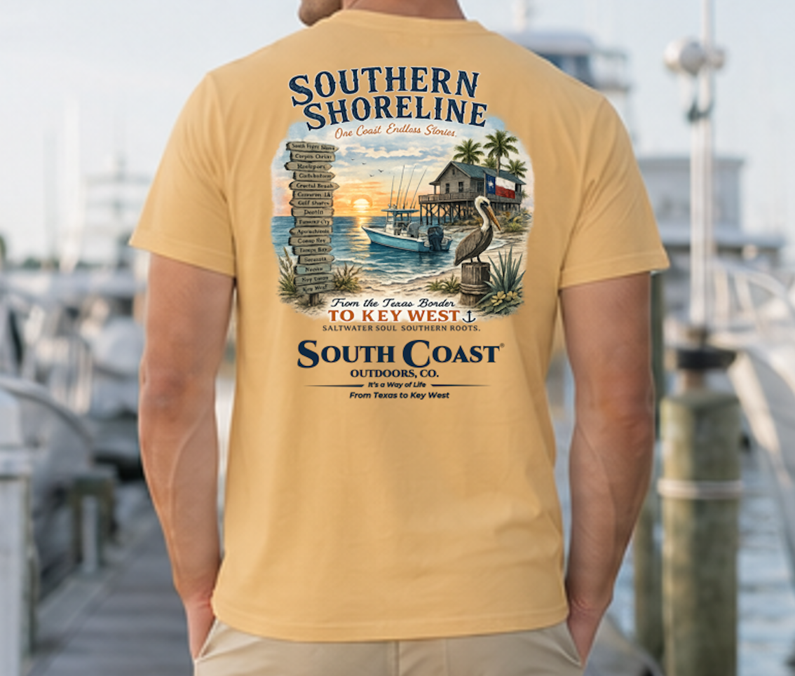 Ivory tan short-sleeve T-shirt with back coastal map and swan graphic