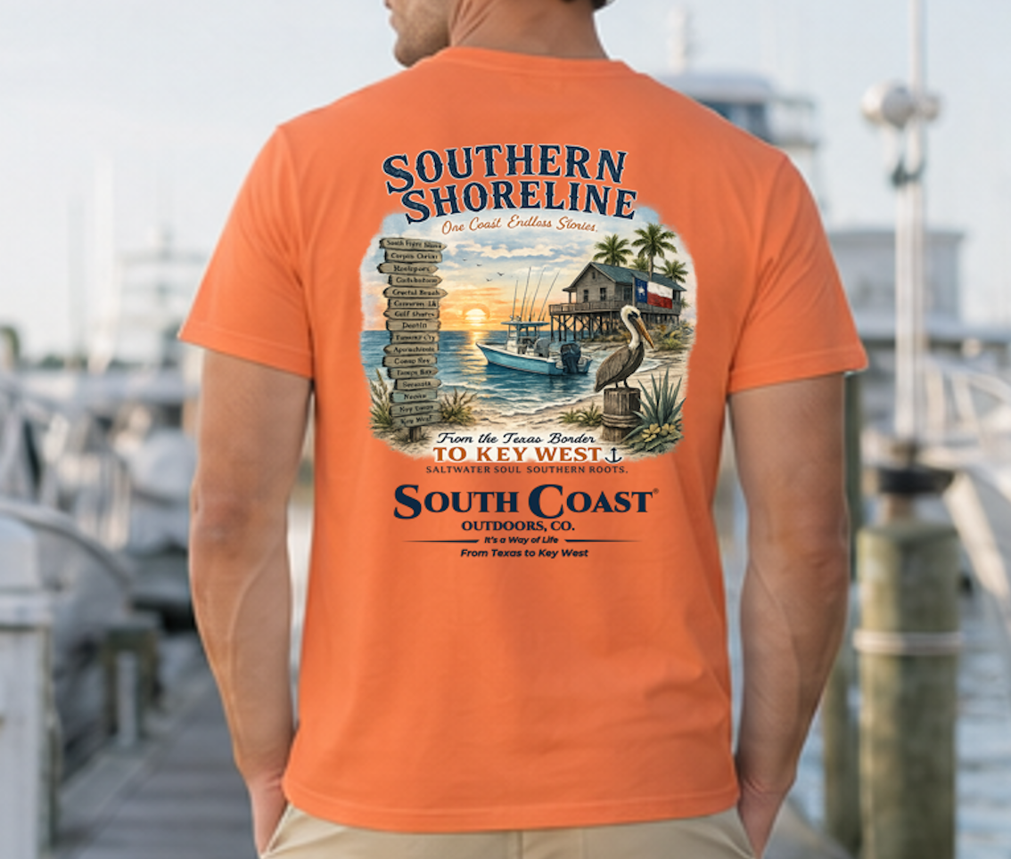 Burnt orange short-sleeve T-shirt with back coastal map and swan graphic