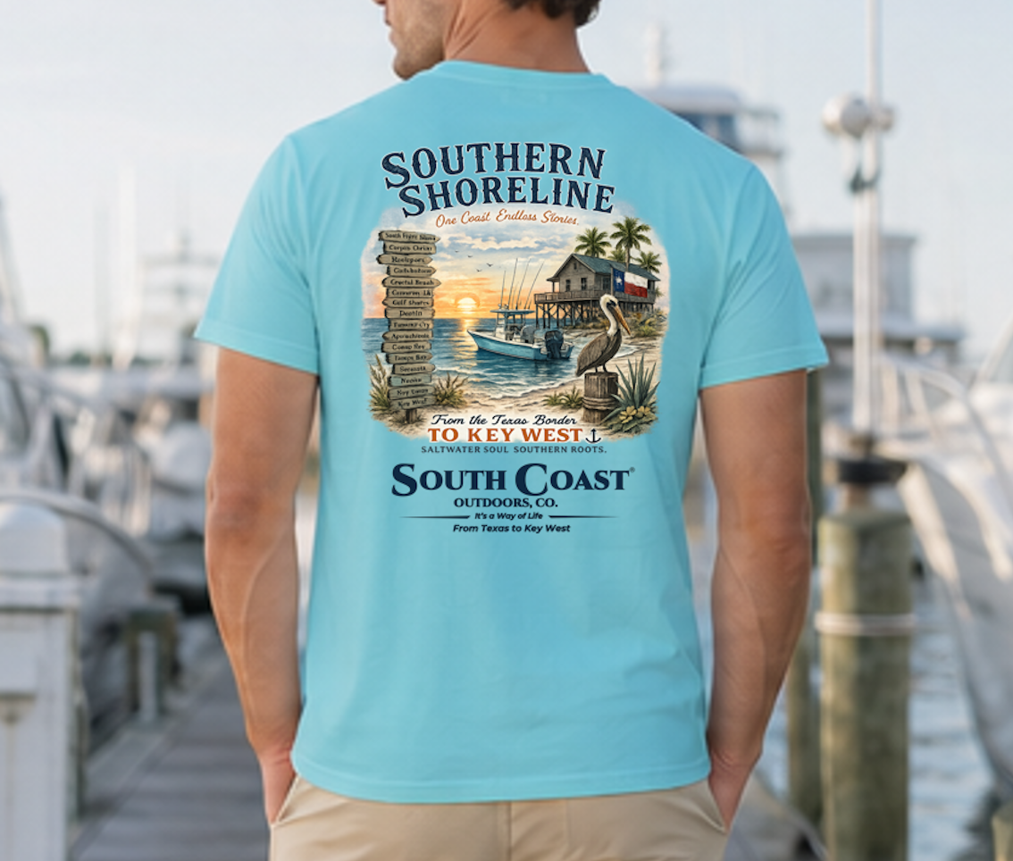 Turquoise short-sleeve T-shirt with back coastal map and swan graphic