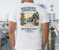 White short-sleeve T-shirt with back coastal map and swan graphic