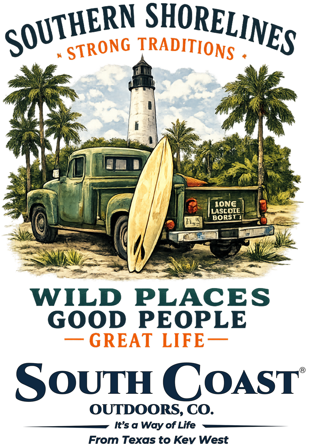 White graphic T-shirt with surfboard and lighthouse print on the front