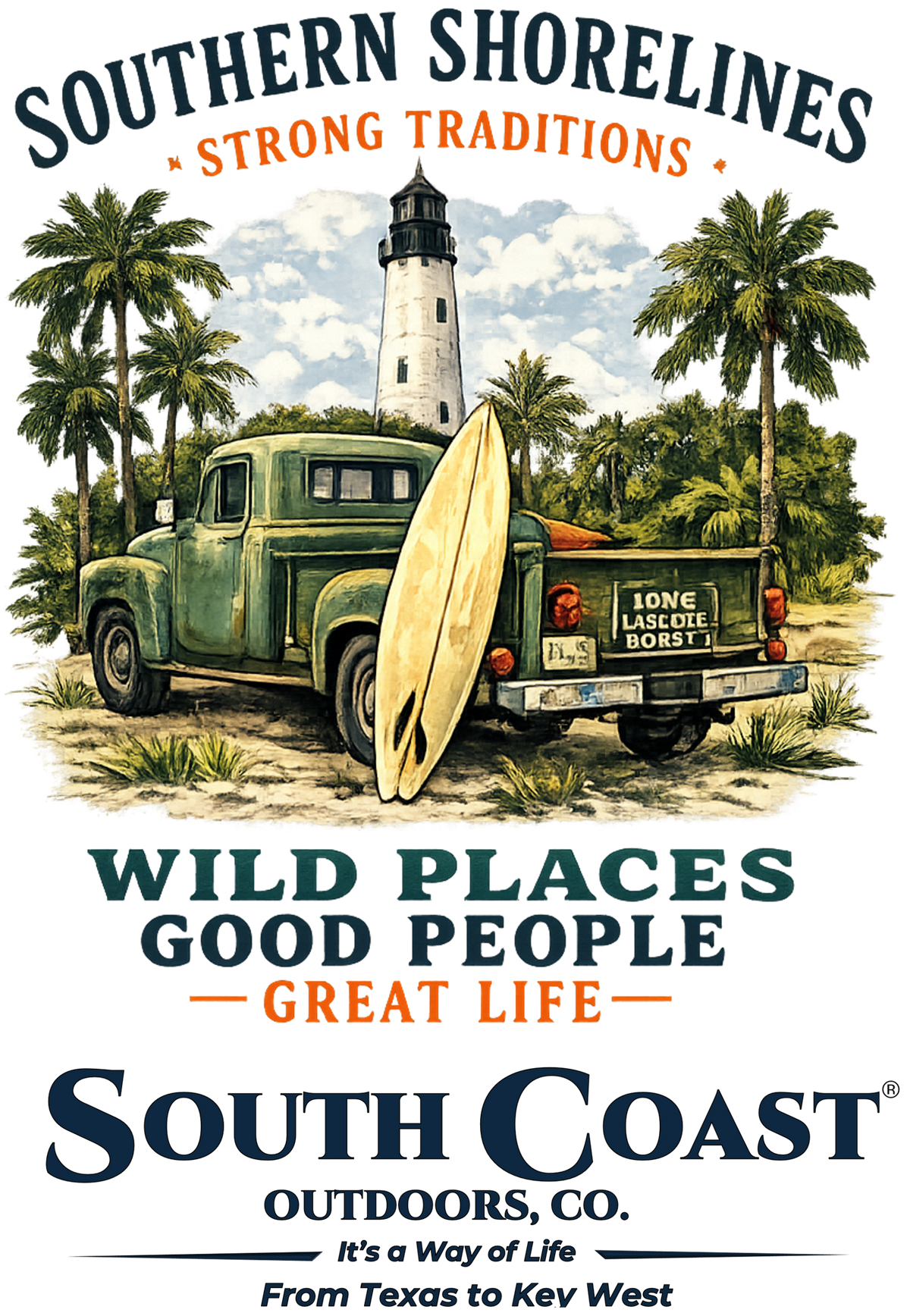 White graphic T-shirt with surfboard and lighthouse print on the front