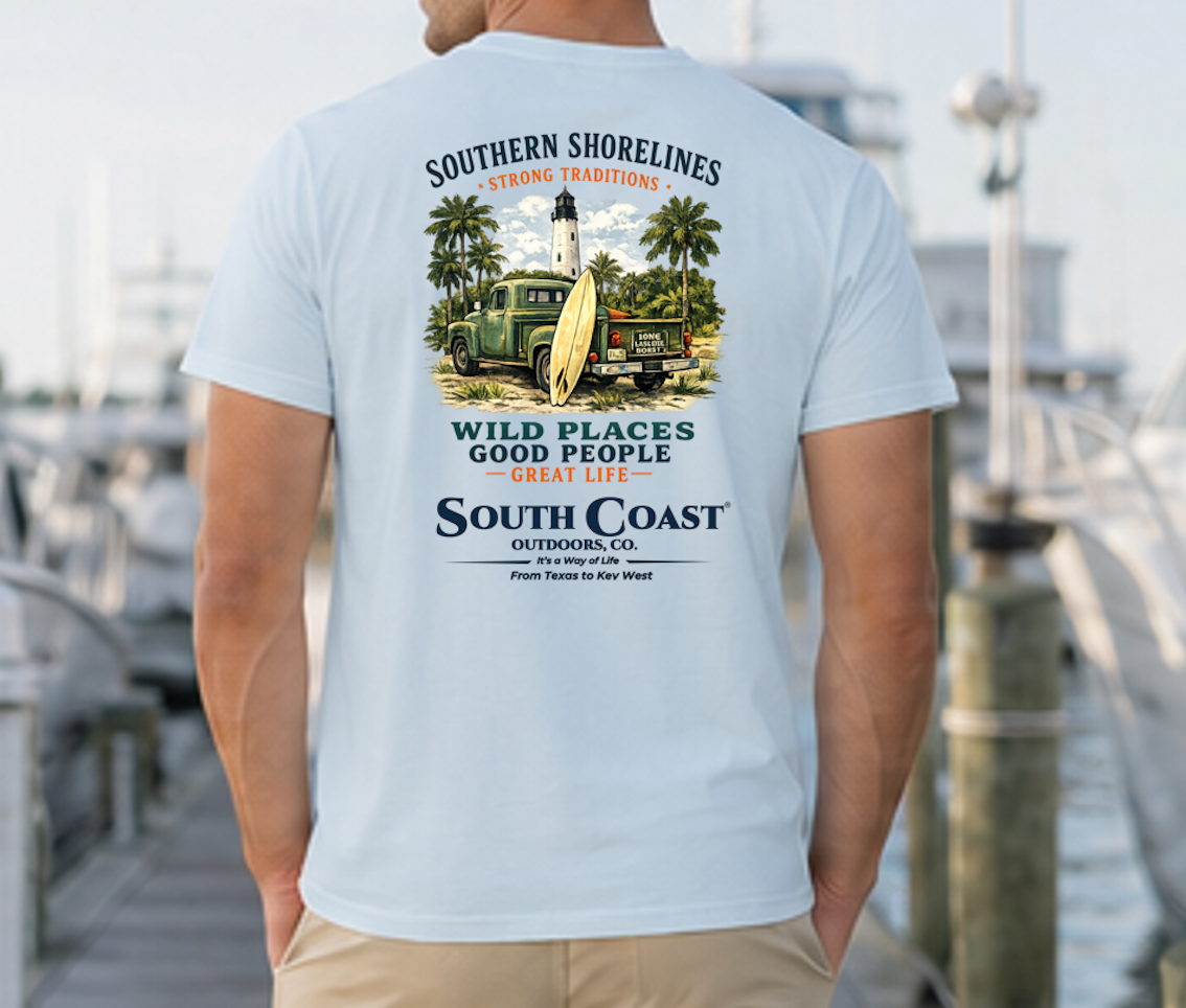 Light blue men's T-shirt with large back graphic and text