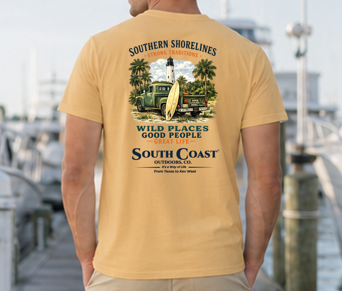 Tan men's T-shirt with large back surf-themed graphic and text