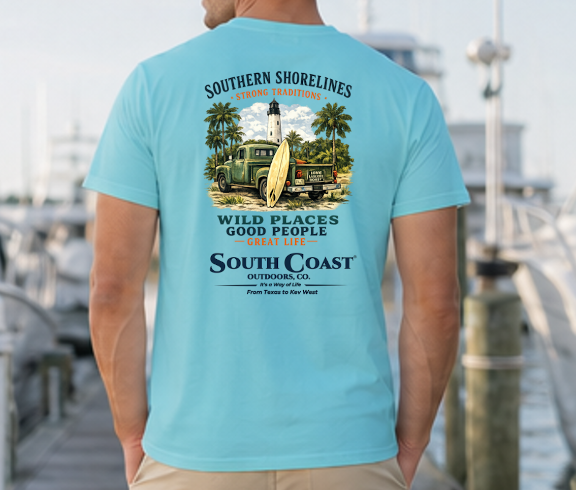 Turquoise men's T-shirt with large back graphic and readable text