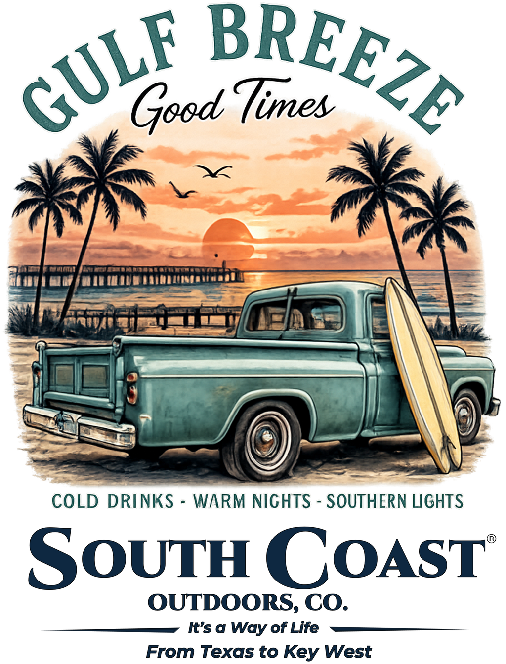 Gulf Breeze T-shirt graphic: truck, surfboard, palm sunset, “South Coast”