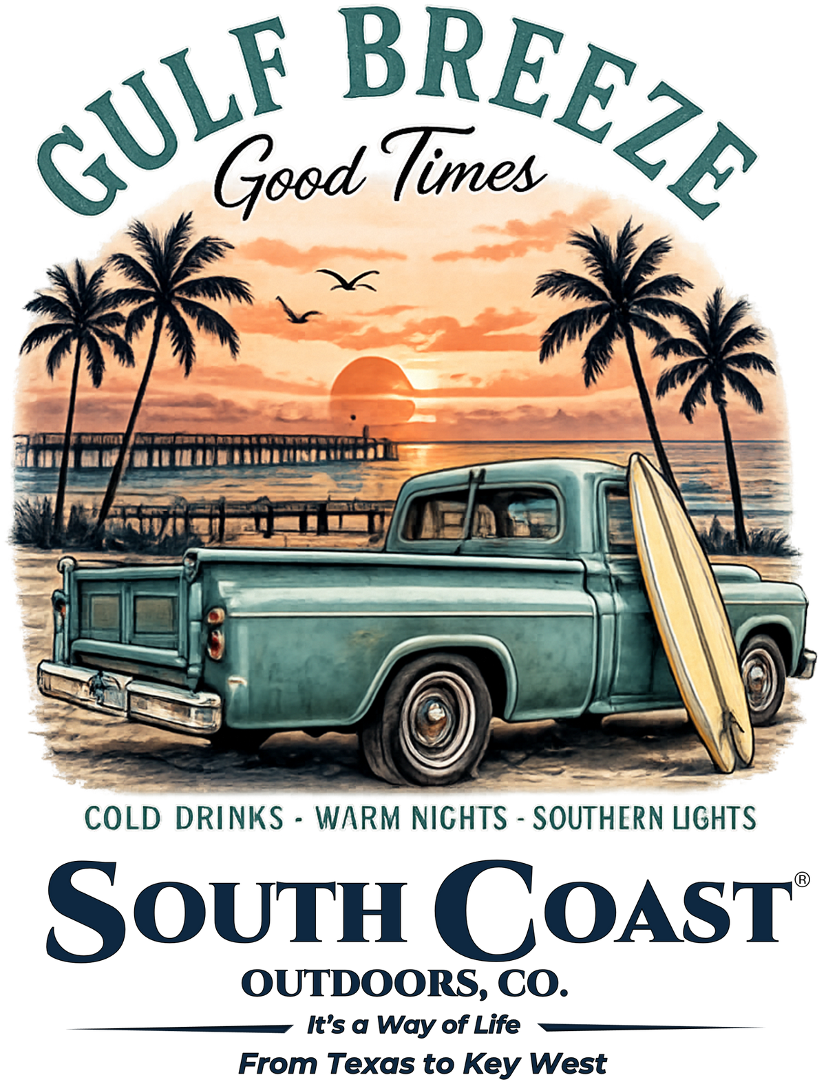 Gulf Breeze T-shirt graphic: truck, surfboard, palm sunset, “South Coast”
