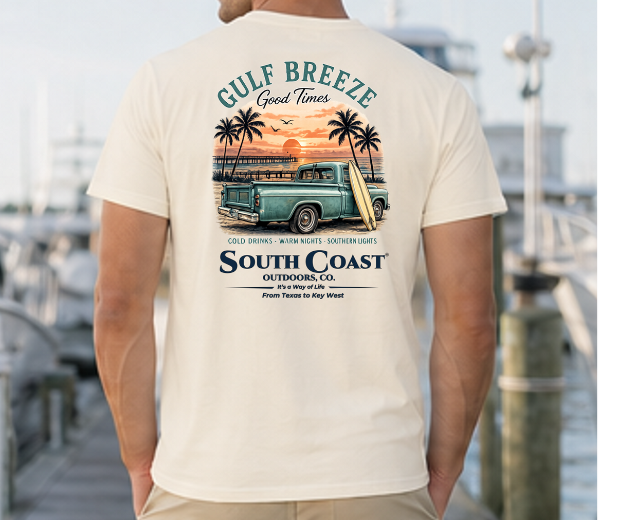 Ivory tan coastal graphic t-shirt, back print of truck with palm trees and surfboard