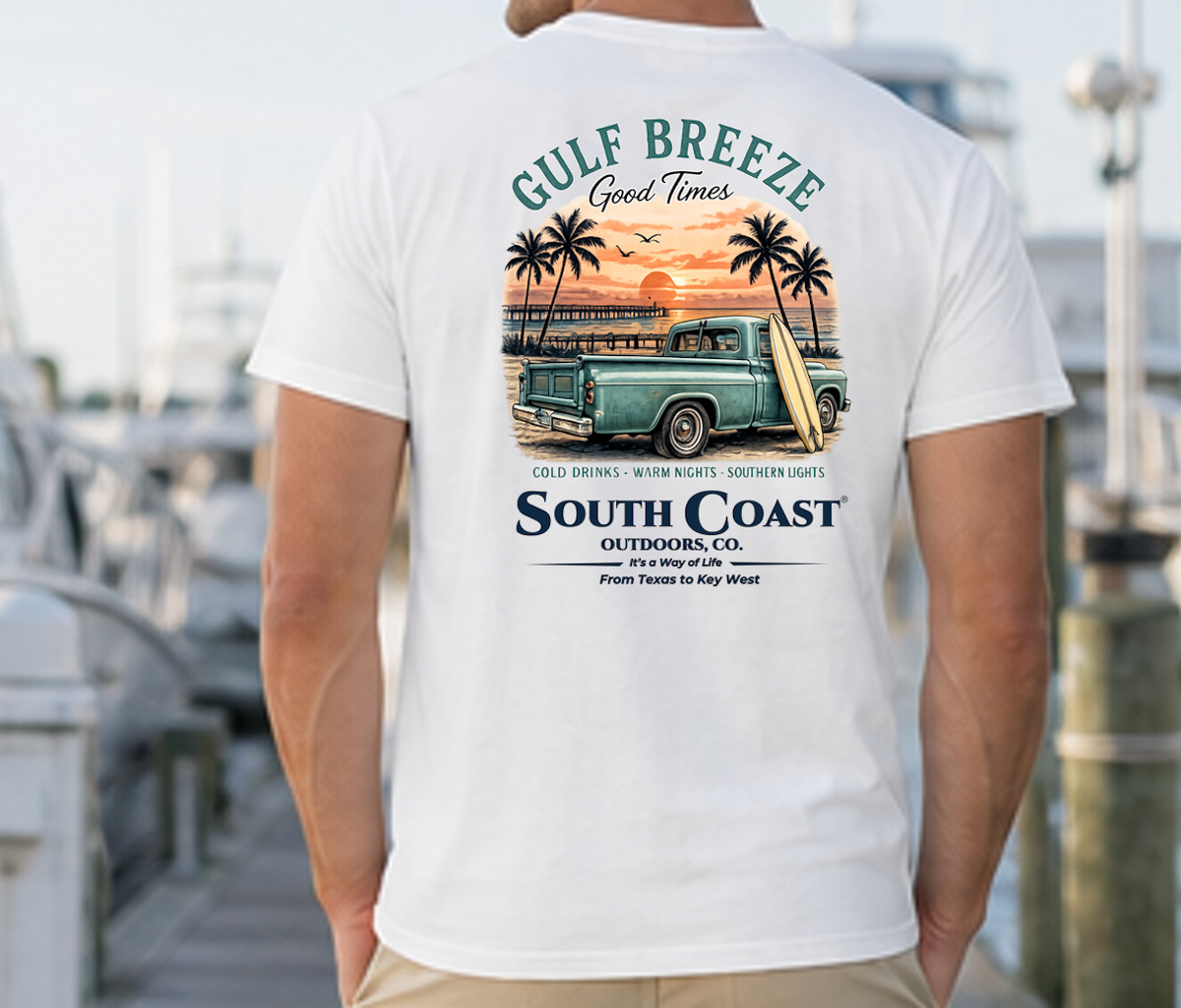 White coastal graphic t-shirt, back print of truck with palm trees and warm sunset