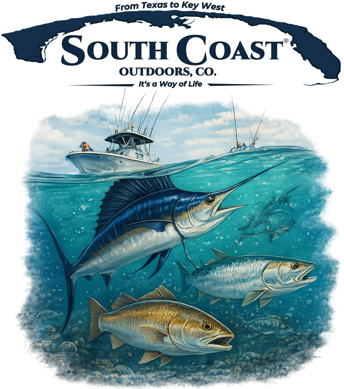 Cream T-shirt with large fish and boat graphic on the front