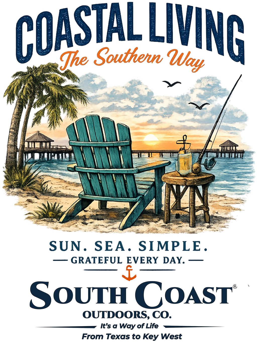 White graphic T-shirt design with beach chairs and blue coastal lettering