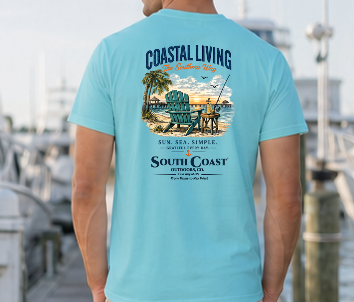 Aqua Coastal Living T-shirt with large back coastal scene graphic and text