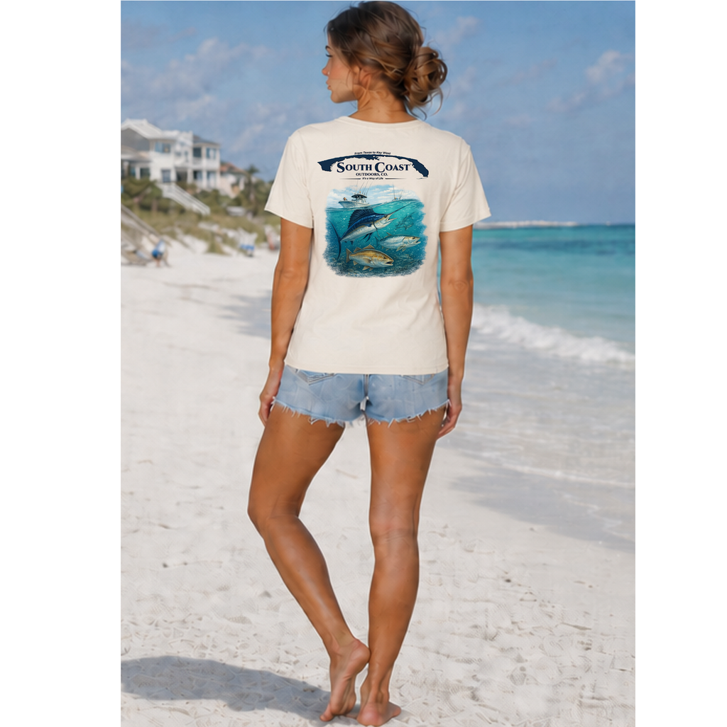 Cream T-shirt with large back fish-and-boat graphic and short sleeves