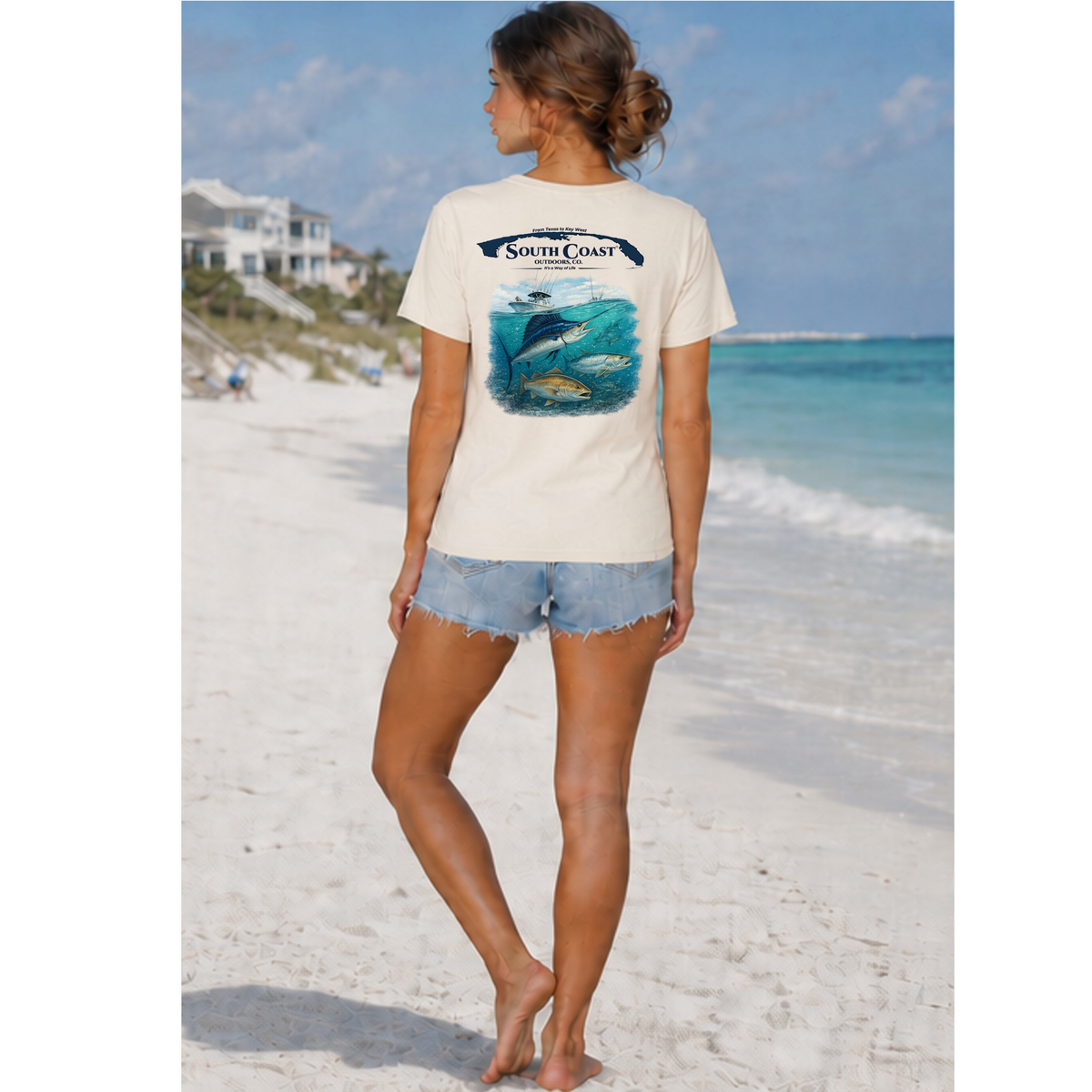 Cream T-shirt with large back fish-and-boat graphic and short sleeves