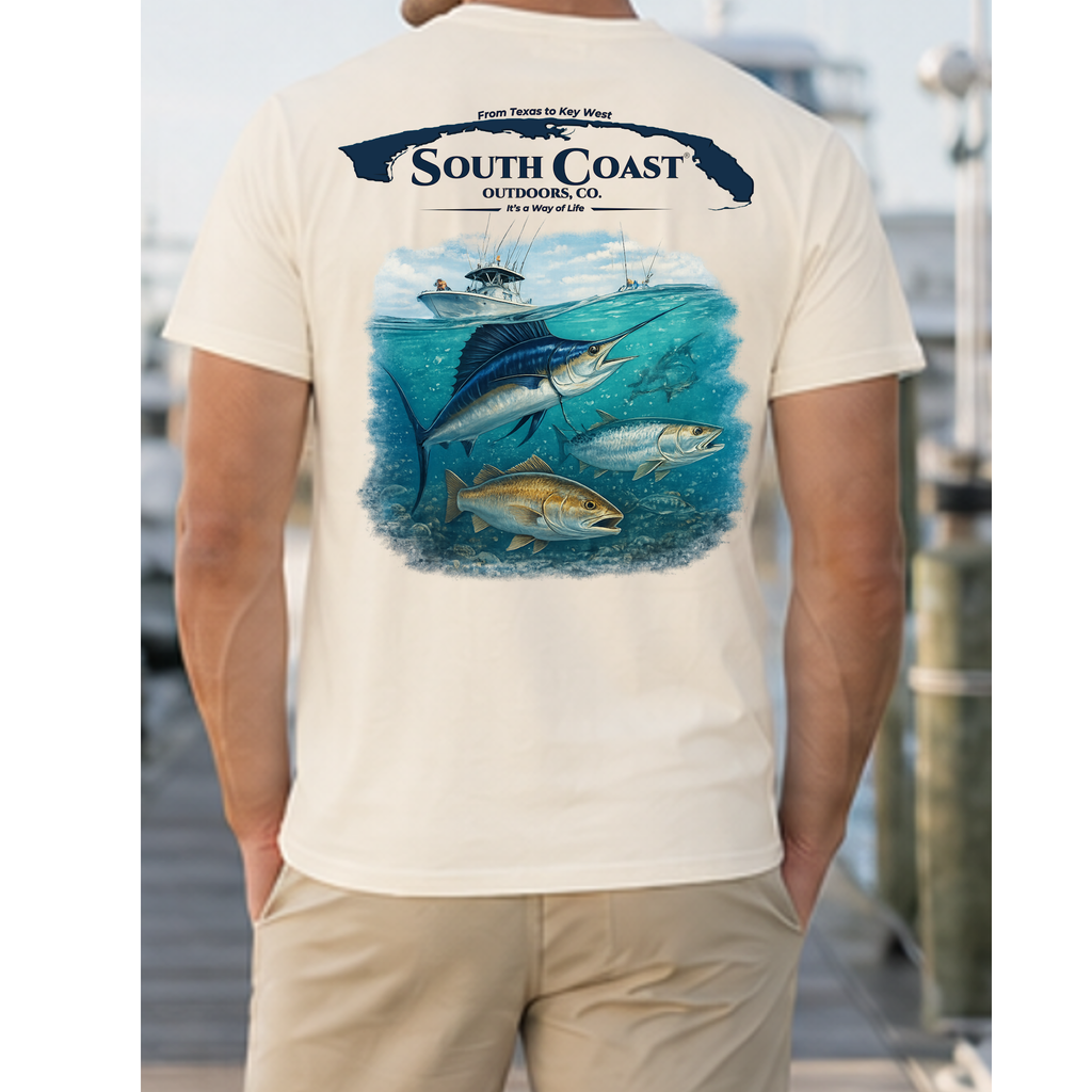 Cream T-shirt with large back fish-and-boat graphic and South Coast logo
