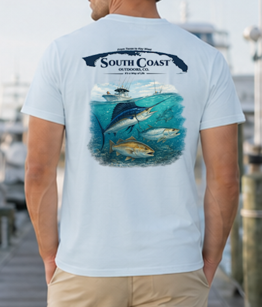 Light blue t-shirt with sailfish and boat graphic on back, crew neck