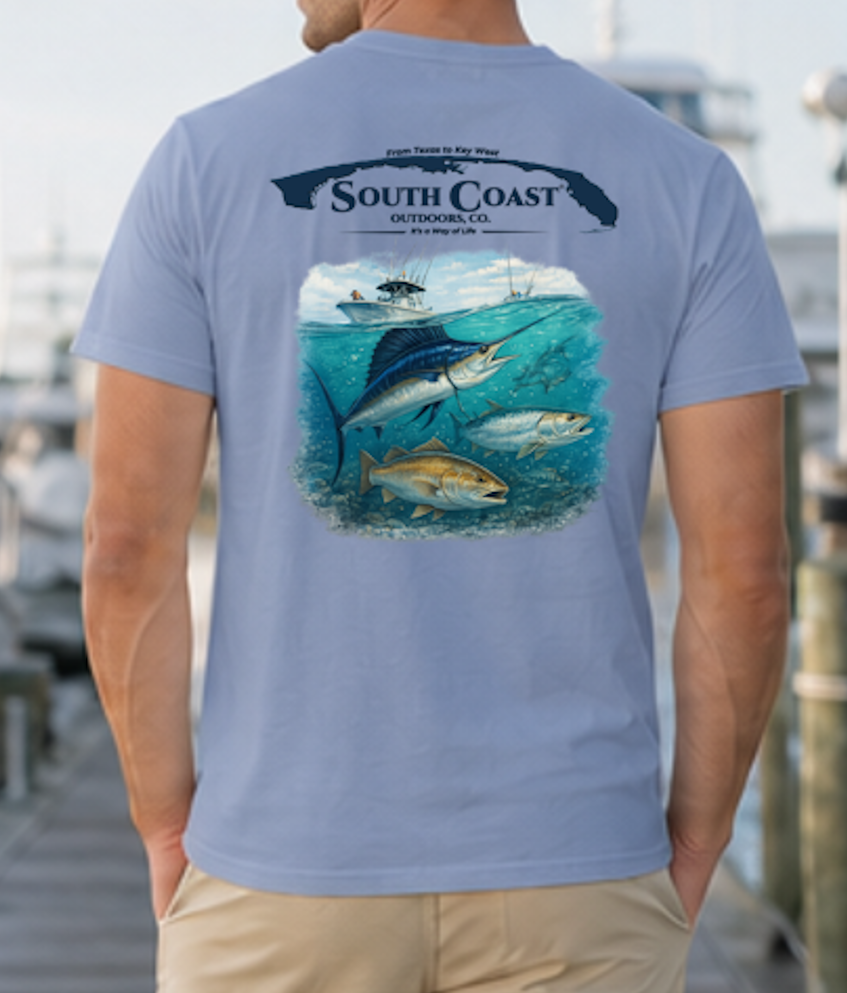 Light blue t-shirt with large sailfish and boat graphic on back