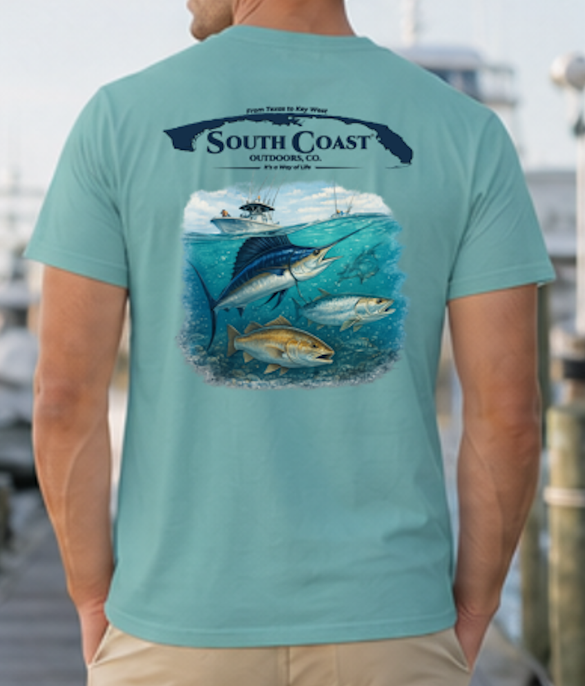 Seafoam green t-shirt with sailfish and boat graphic on back
