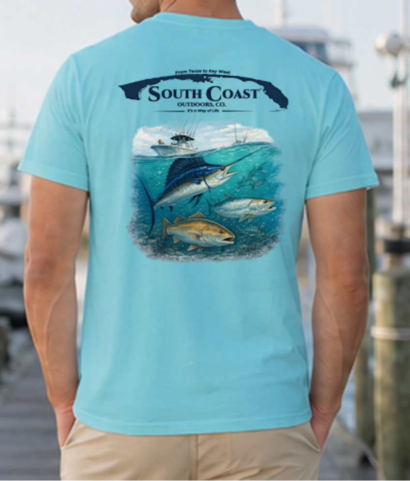 Turquoise t-shirt with sailfish and boat graphic on back