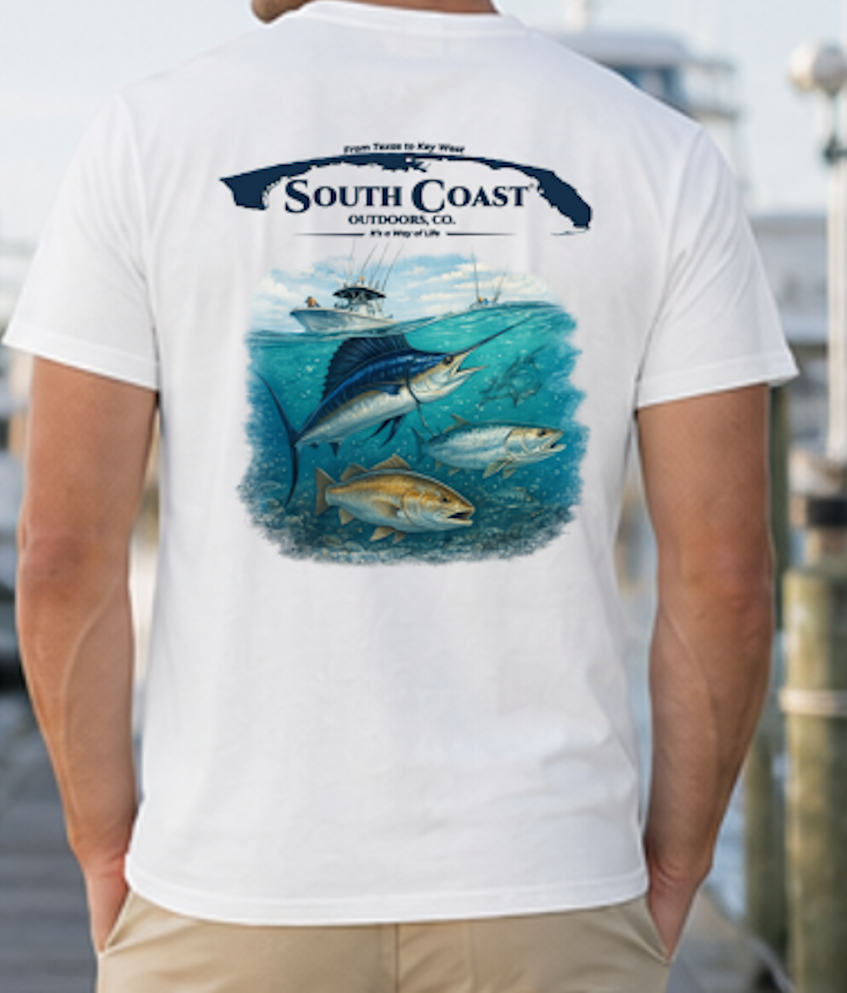White t-shirt with sailfish and boat graphic on back