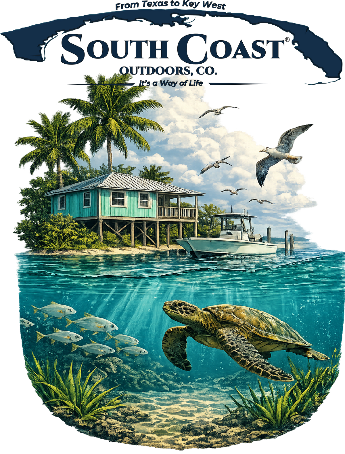 Ivory short-sleeve T-shirt with large tropical beach and turtle graphic