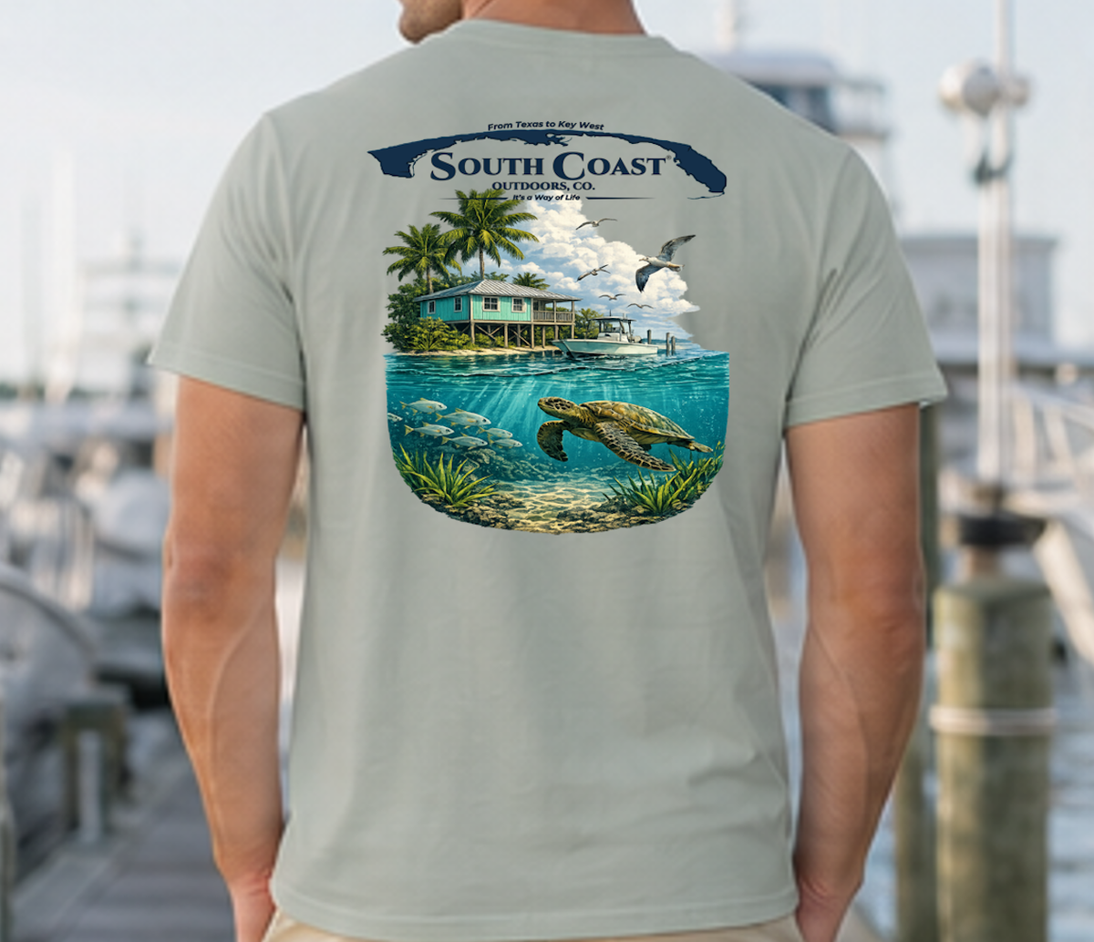Men's sage T-shirt with back tropical island graphic, sea turtle, palm trees and logo
