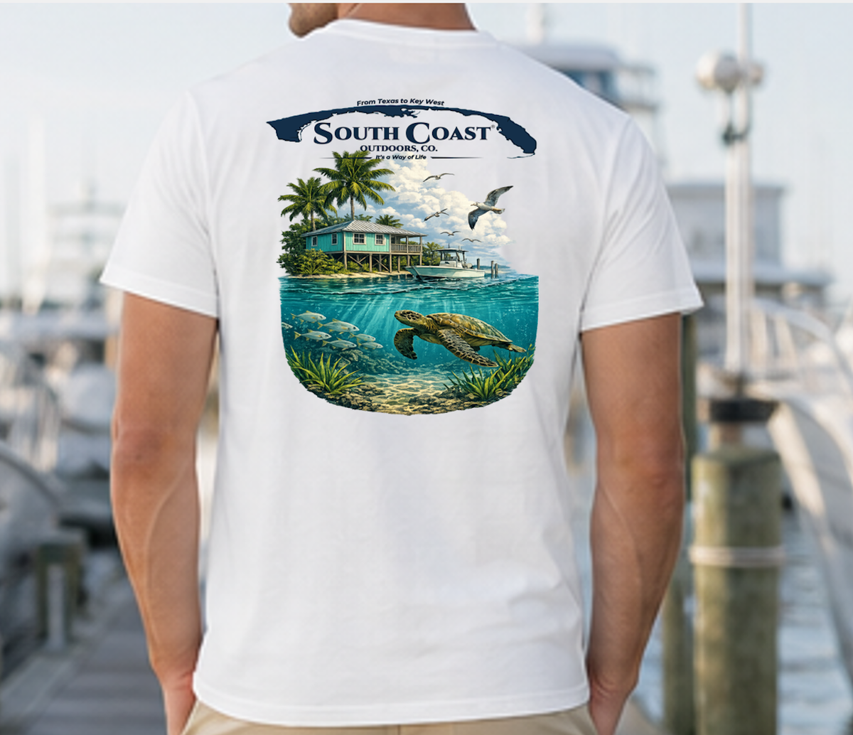 Men's white T-shirt with back tropical island graphic, sea turtle, palm trees and logo