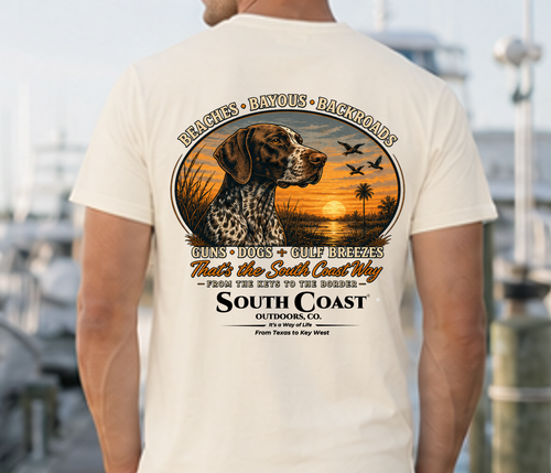White T-shirt with large circular back graphic and “South Coast Outdoors Co.” text