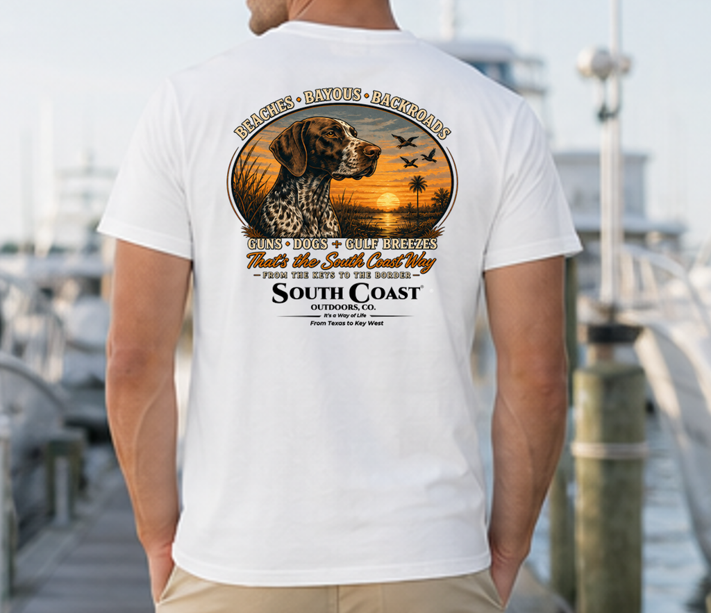 White T-shirt with circular animal beach graphic and “South Coast Outdoors” back print