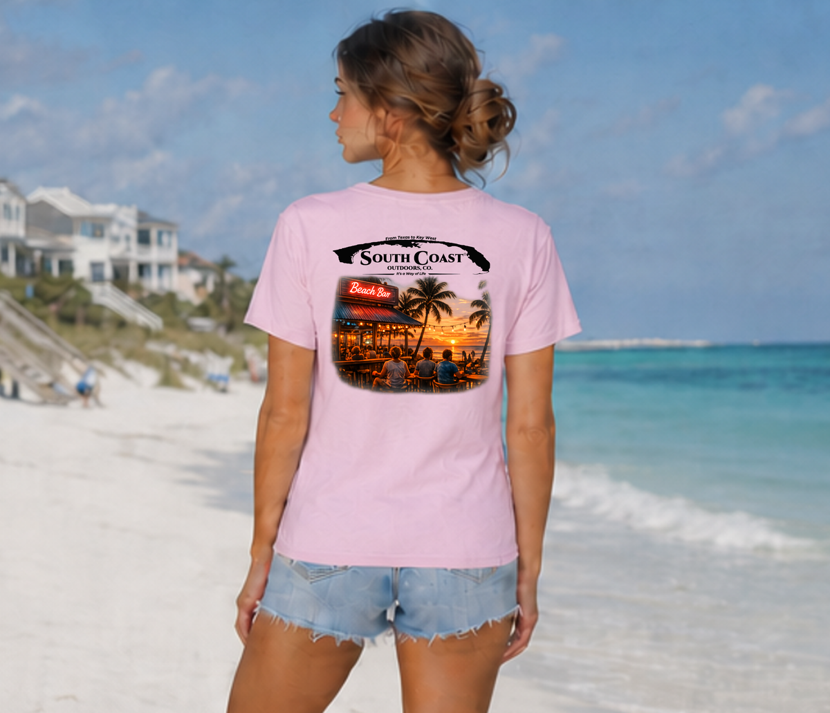 Light pink Beach Bar T-shirt, large back photo graphic with South Coast Outdoors text