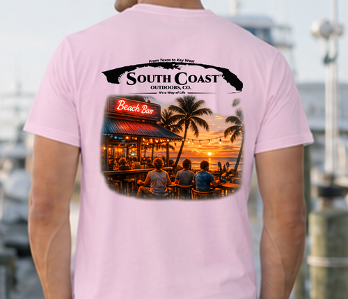 Light pink back of Beach Bar T-shirt with large Beach Bar photo graphic and text