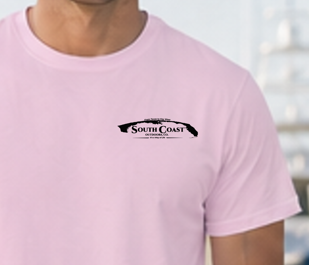 Light pink Beach Bar T-shirt with small chest South Coast Outdoors logo