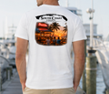 Men's white graphic T-shirt, back print with coastal bar logo and sunset photo