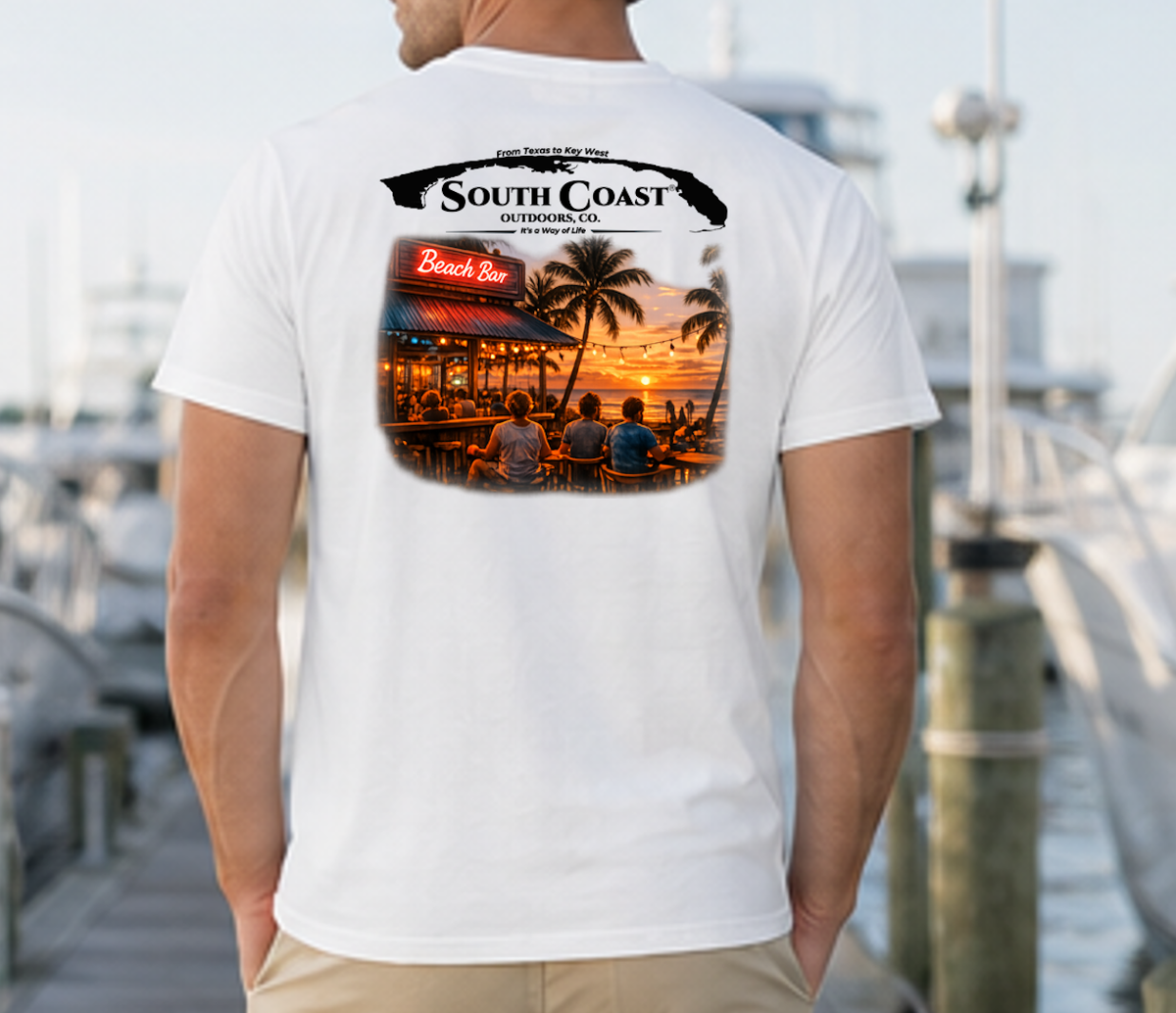 Men's white graphic T-shirt, back print with coastal bar logo and sunset photo