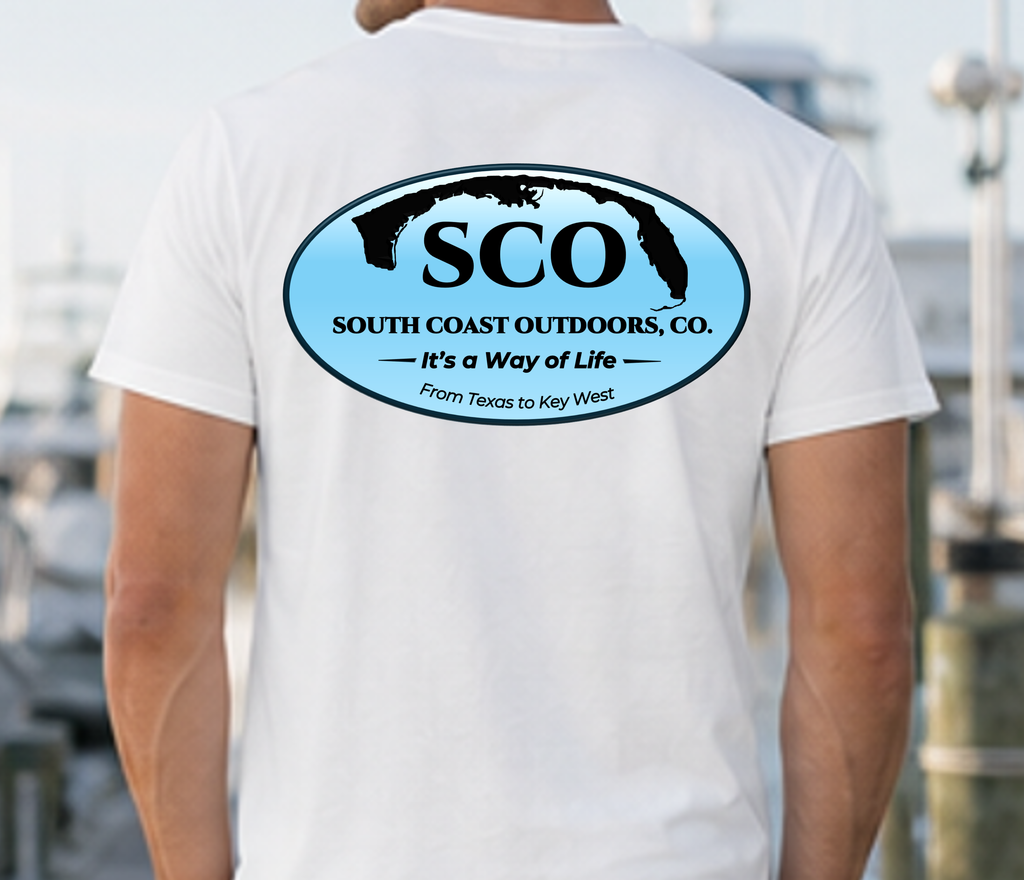 White T-shirt back view with large SCO oval logo print