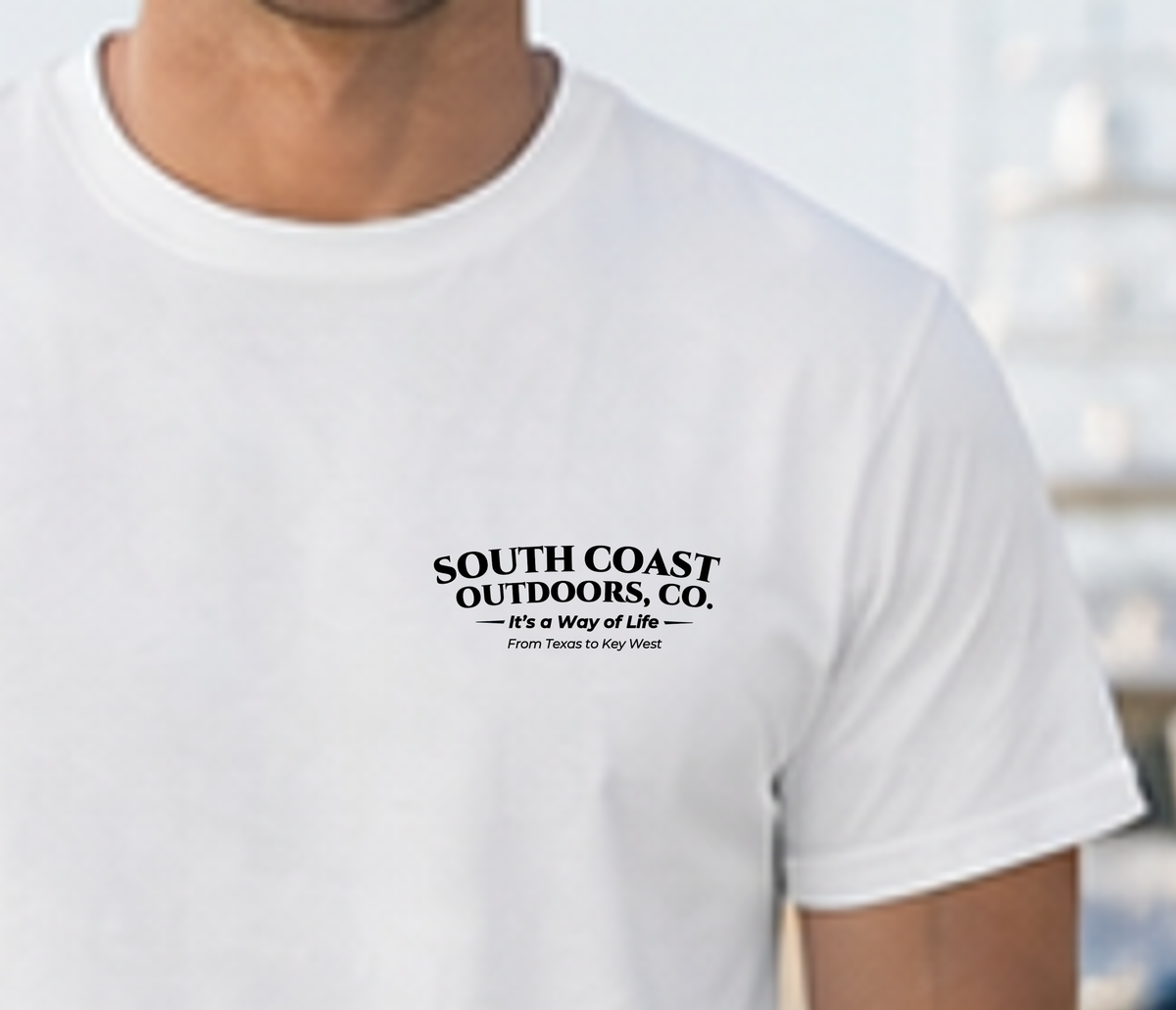 White T-shirt with small South Coast Outdoors SCO logo on the chest