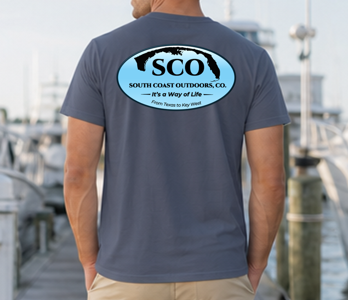 Denim blue logo graphic t-shirt with SCO back emblem print