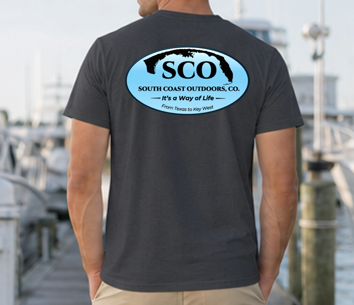 Dark charcoal logo graphic t-shirt with SCO back emblem print