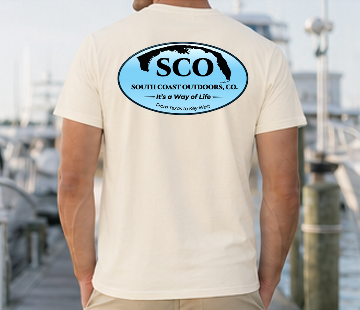 Ivory tan logo graphic t-shirt with SCO back emblem print