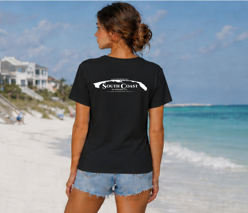 Black T-shirt with South Coast logo on back, crew neck short sleeves
