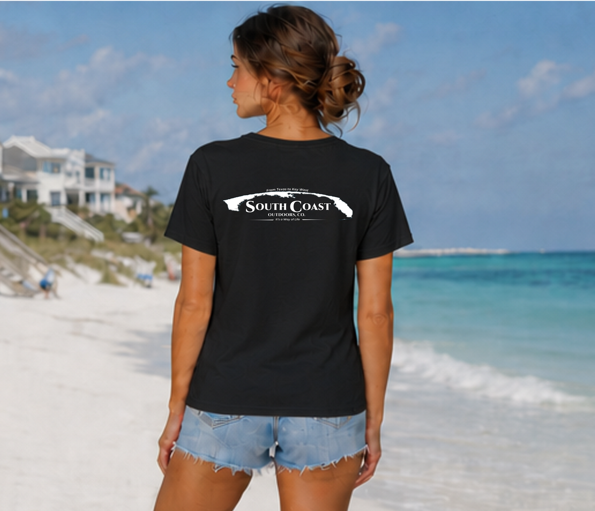 Black T-shirt with South Coast logo on back, crew neck short sleeves