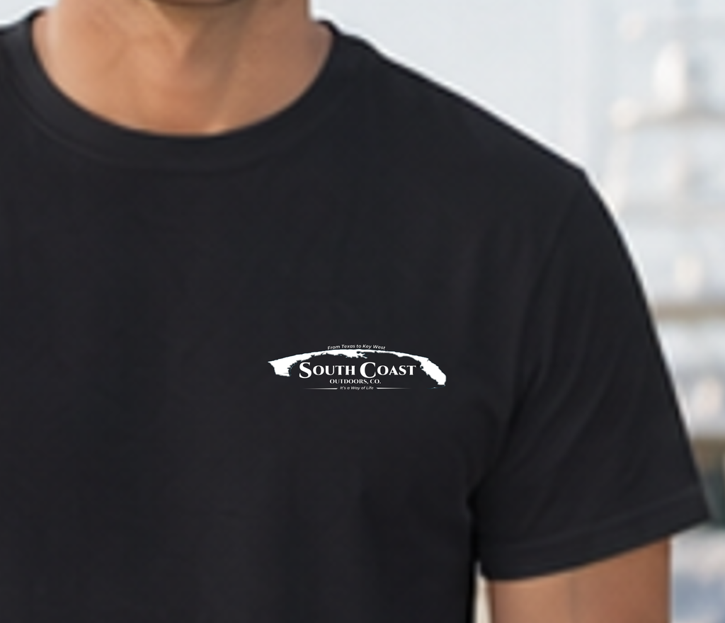 Black crew-neck T-shirt with South Coast logo on chest