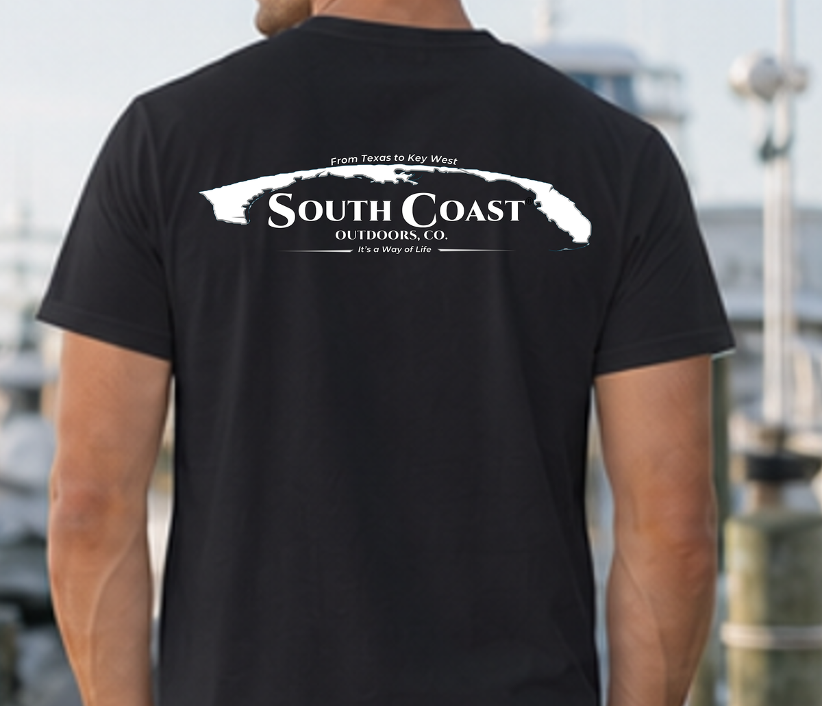 Black T-shirt with South Coast logo and slogan on back