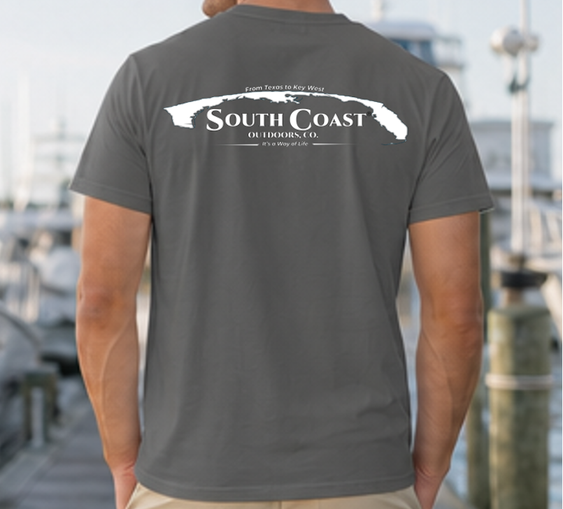 Men's dark gray crew-neck T-shirt with large white back graphic silhouette