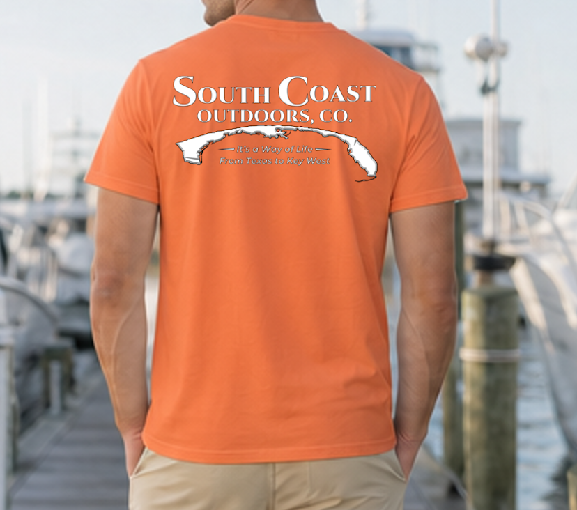 Burnt orange coastal graphic T-shirt with back print map and slogan