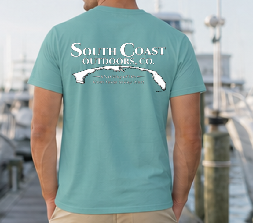 Teal coastal graphic T-shirt with back print map and slogan