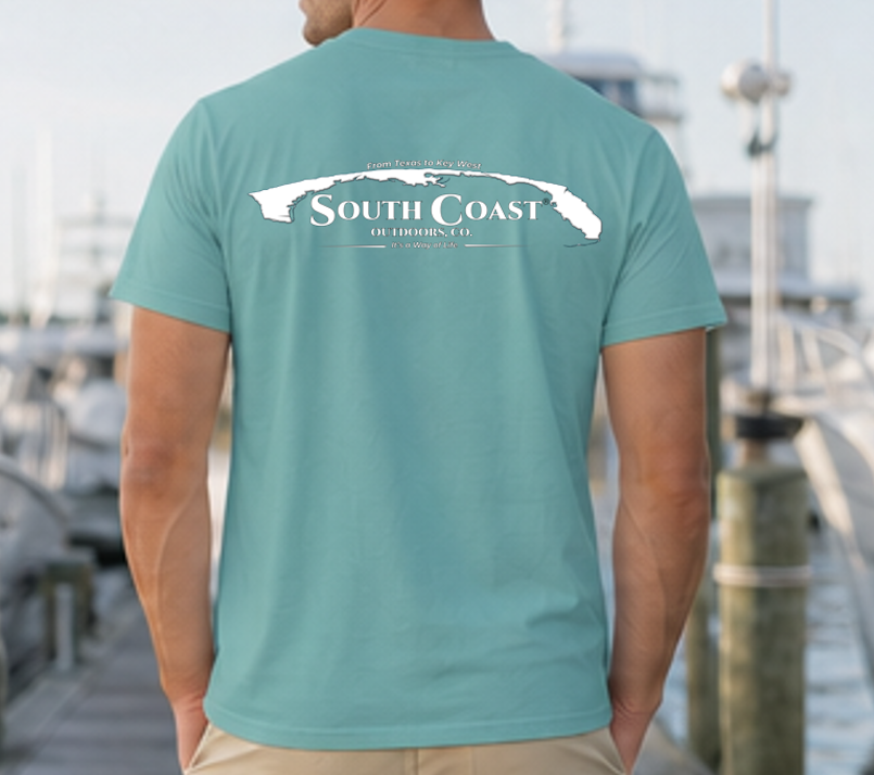 Men's teal graphic t-shirt with back silhouette logo print