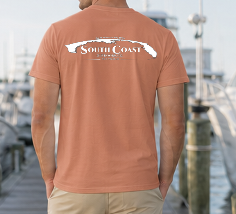 Men's burnt orange crew-neck T-shirt with large white back graphic silhouette