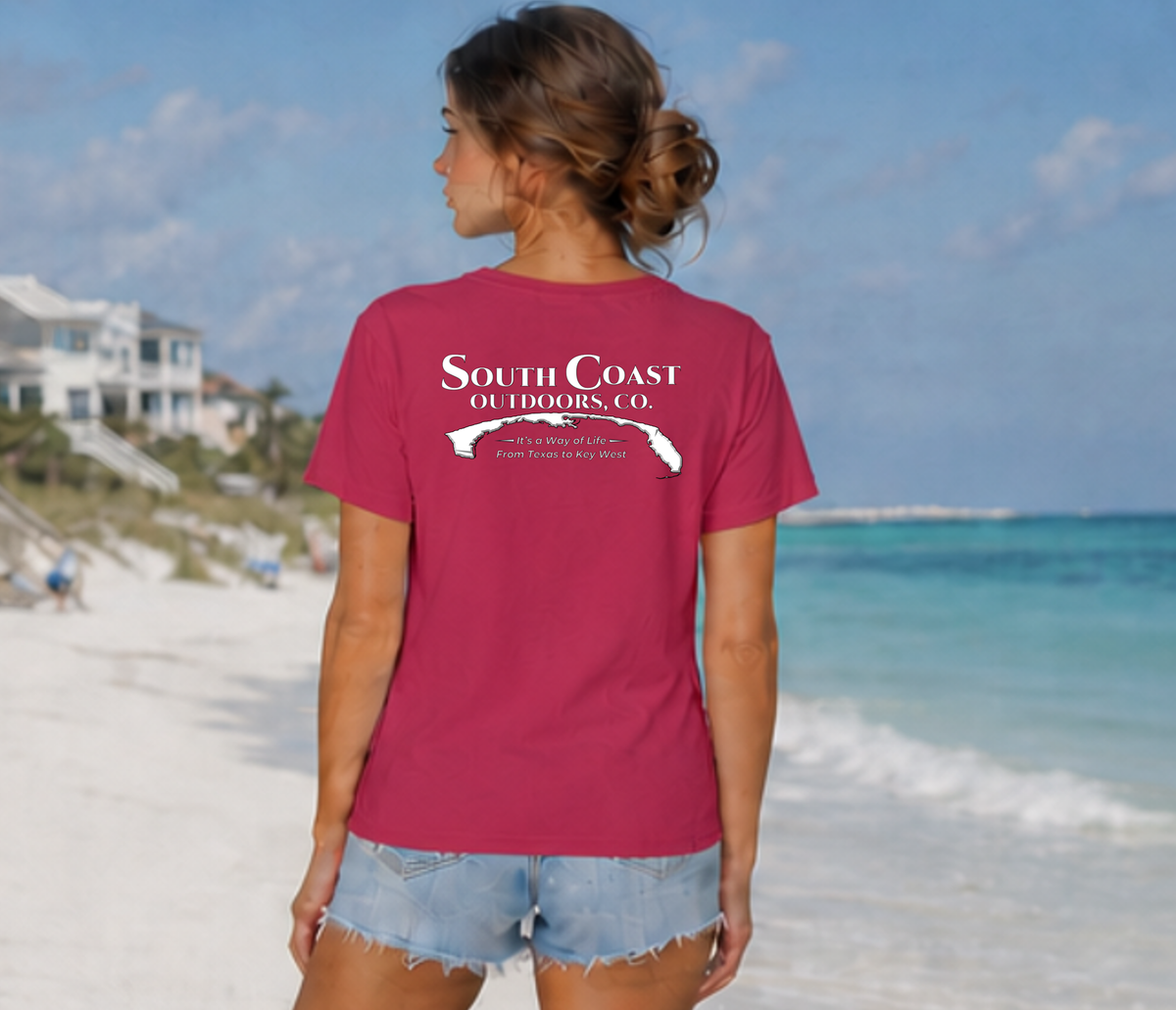 Men's short-sleeve crewneck T-shirt, deep pink, South Coast Outdoors logo on back.