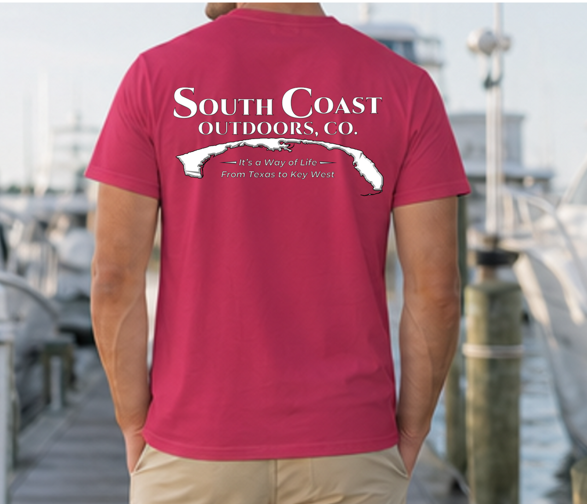 Men's deep pink crewneck T-shirt, South Coast Outdoors logo centered on back.